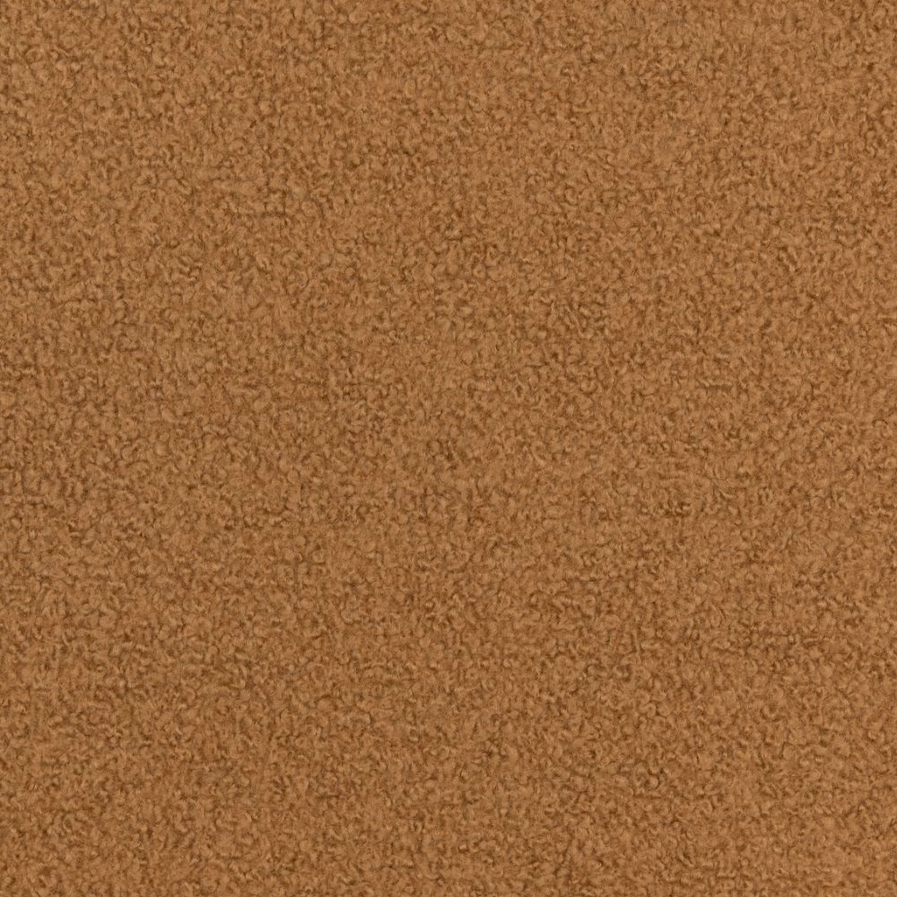 Warm caramel-brown boucle with dense dark flecks and a tightly curled surface