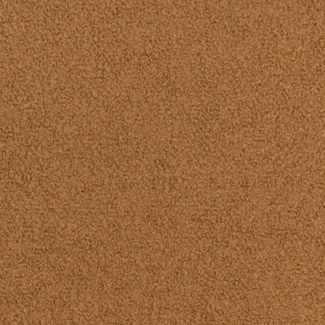 Warm caramel-brown boucle with dense dark flecks and a tightly curled surface
