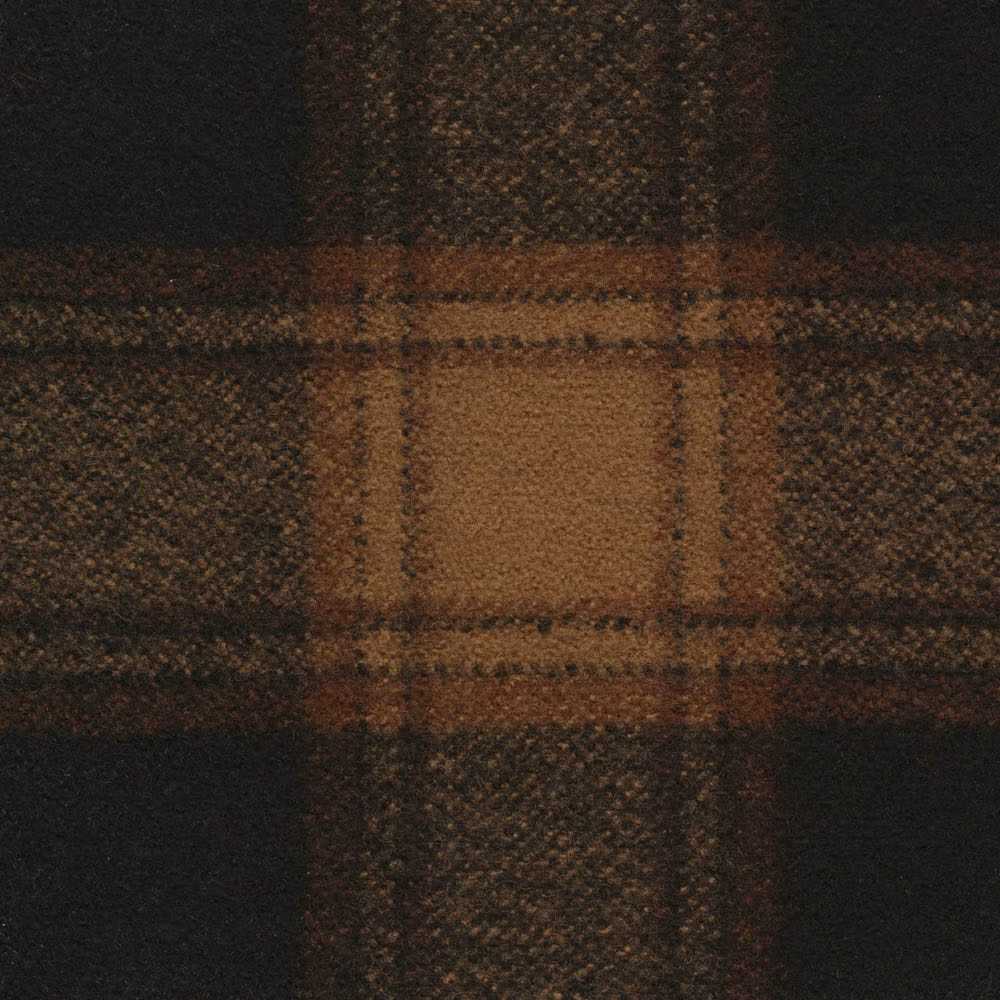 Dense black check textile with russet brown blocks and a softly napped woven texture