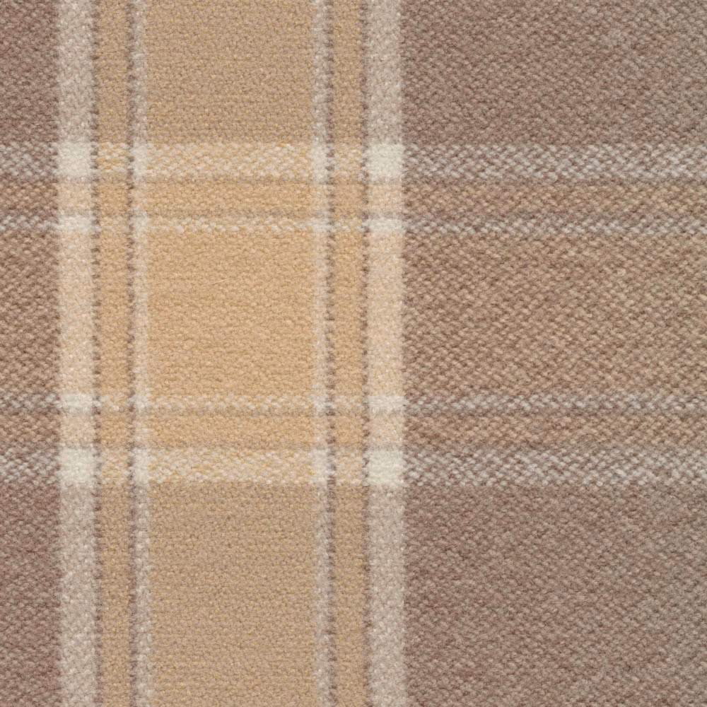 Close-up of warm stone taupe check with cream and blue-grey woven lines