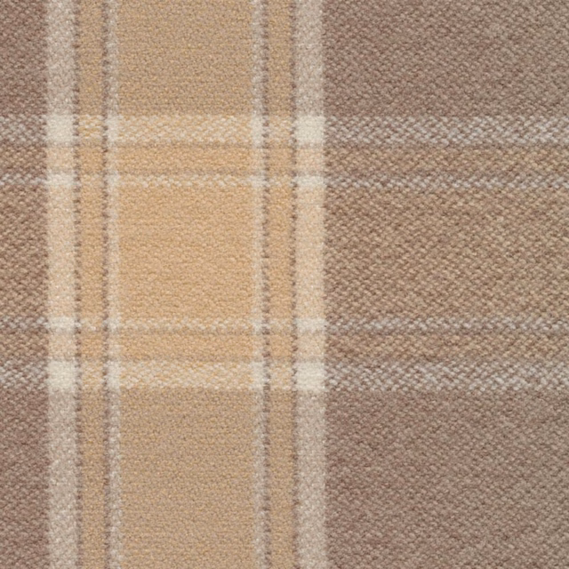 Close-up of warm stone taupe check with cream and blue-grey woven lines