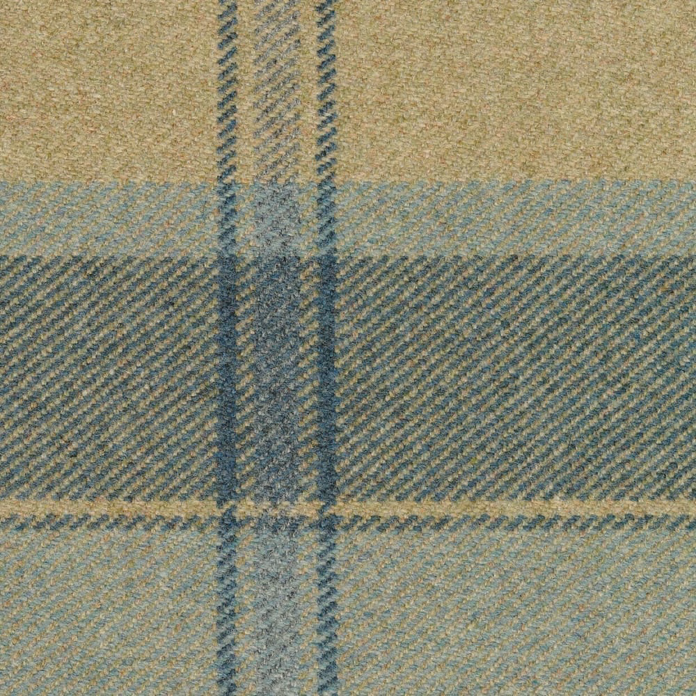 Close-up of muted aqua plaid with blue-grey bands and flecked oat weave