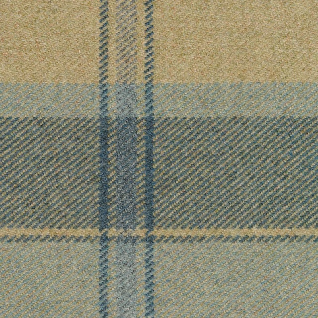 Close-up of muted aqua plaid with blue-grey bands and flecked oat weave