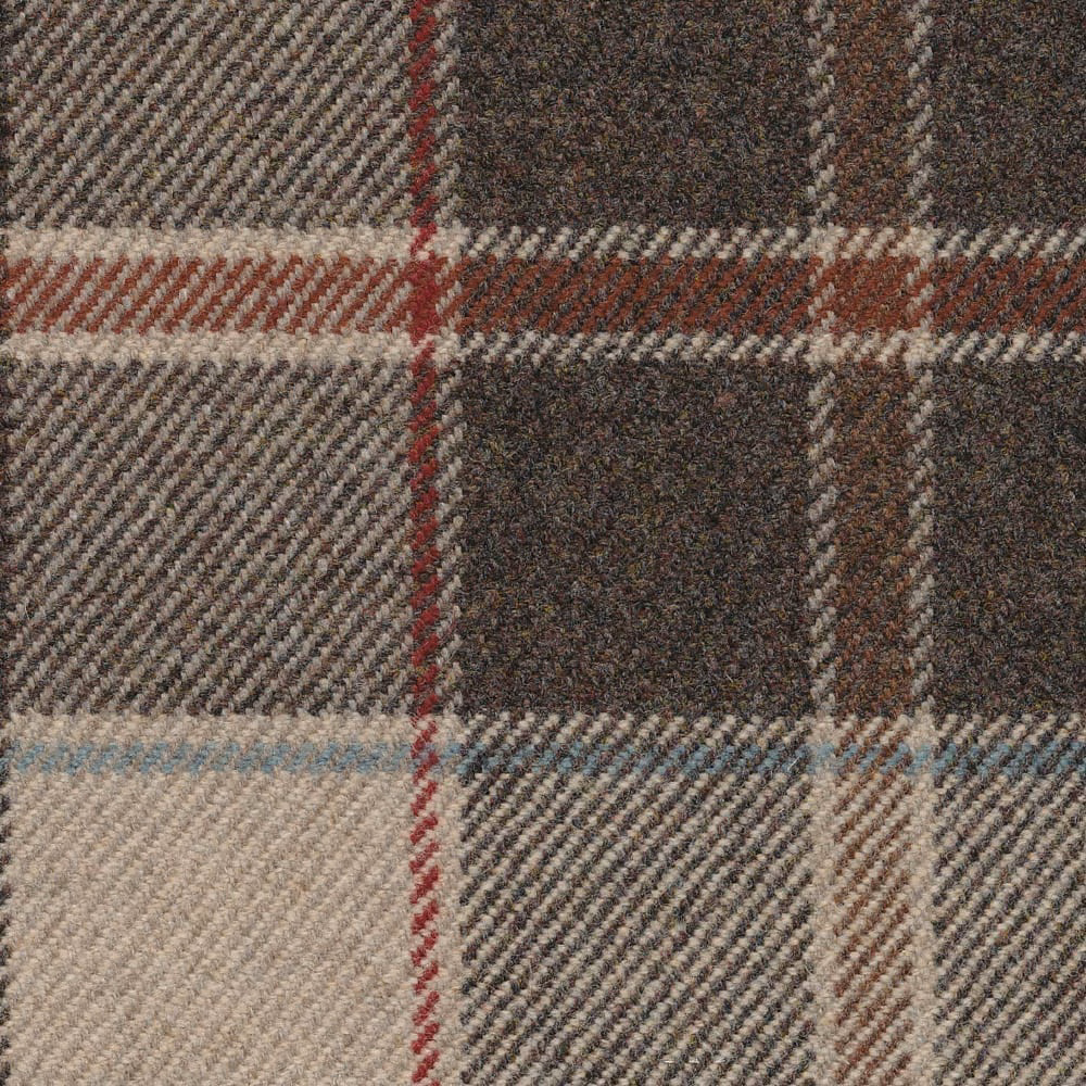 Mole-brown and charcoal plaid with cream, red and pale-blue woven lines