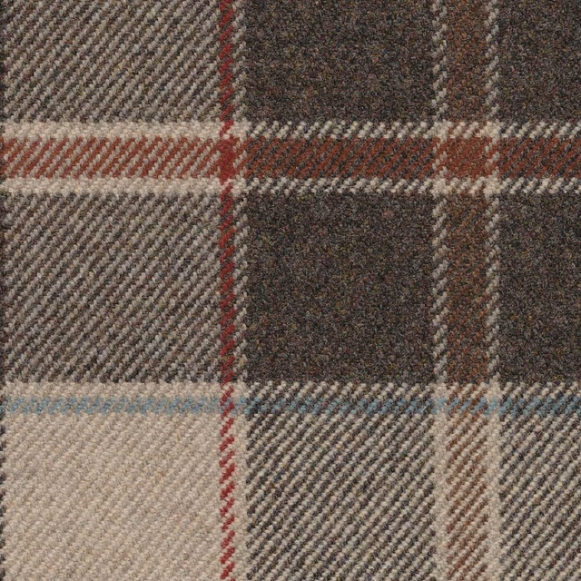 Mole-brown and charcoal plaid with cream, red and pale-blue woven lines