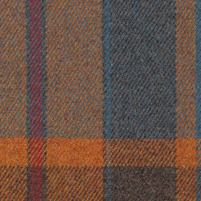 Blue-grey, rust, burgundy and charcoal plaid with a raised diagonal woven texture