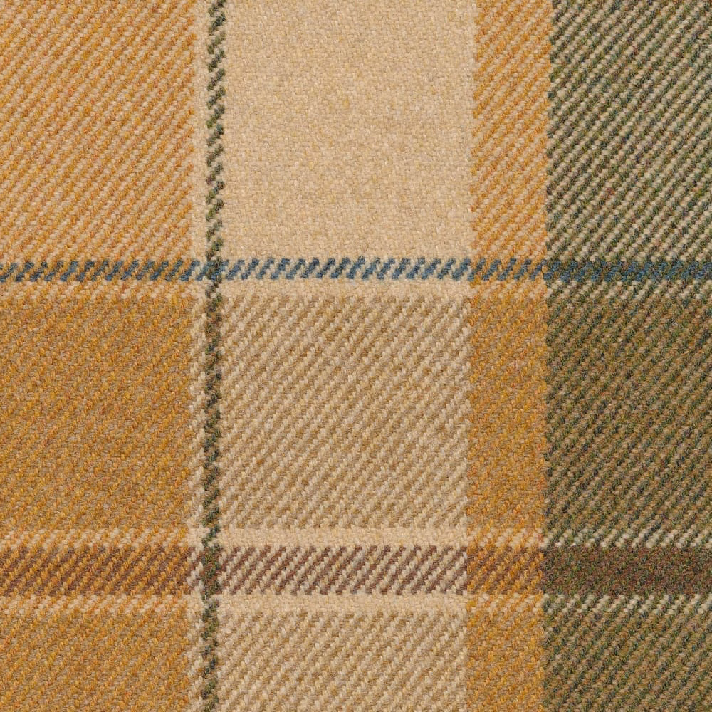 Muted pewter plaid with oat, olive and ochre checks in a textured diagonal weave