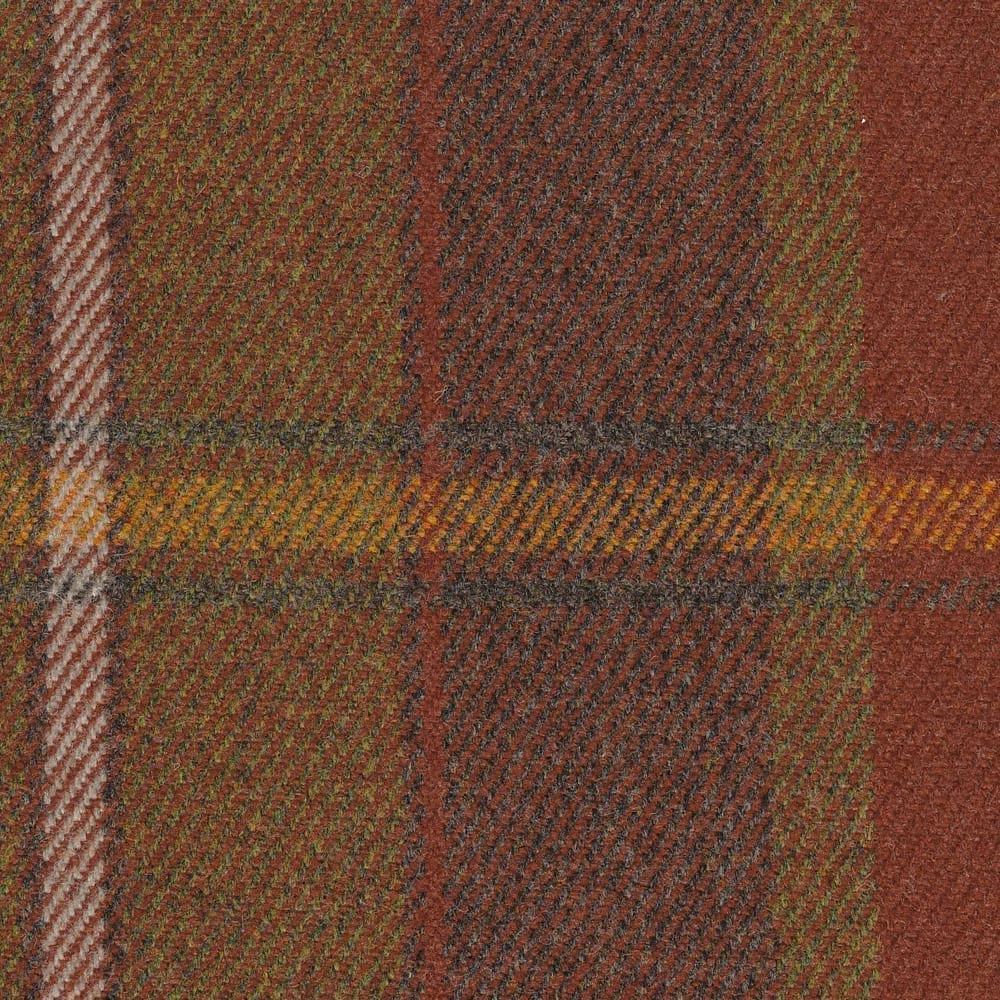 Close-up of warm russet plaid with olive, mustard and charcoal textured bands.