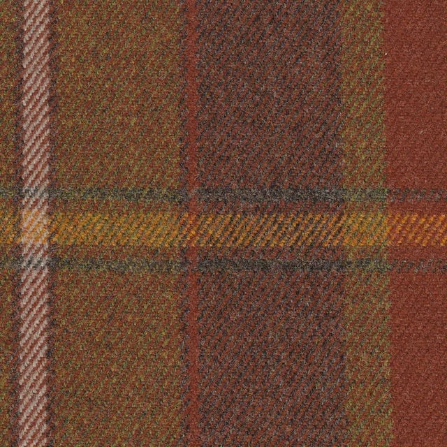 Close-up of warm russet plaid with olive, mustard and charcoal textured bands.