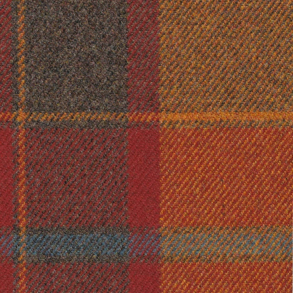 Rust and burgundy plaid with charcoal, ochre and blue blocks in a diagonal weave