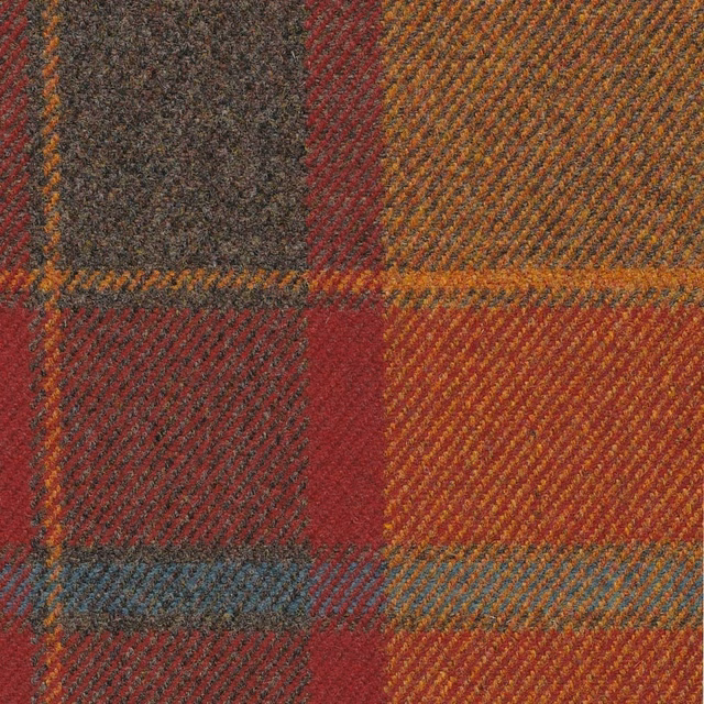 Rust and burgundy plaid with charcoal, ochre and blue blocks in a diagonal weave