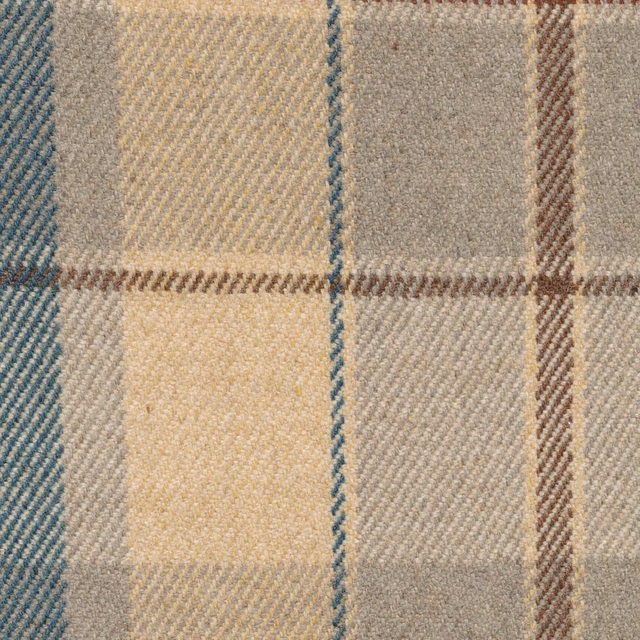 Close view of greige plaid with slate-blue and brown lines in a ridged twill weave