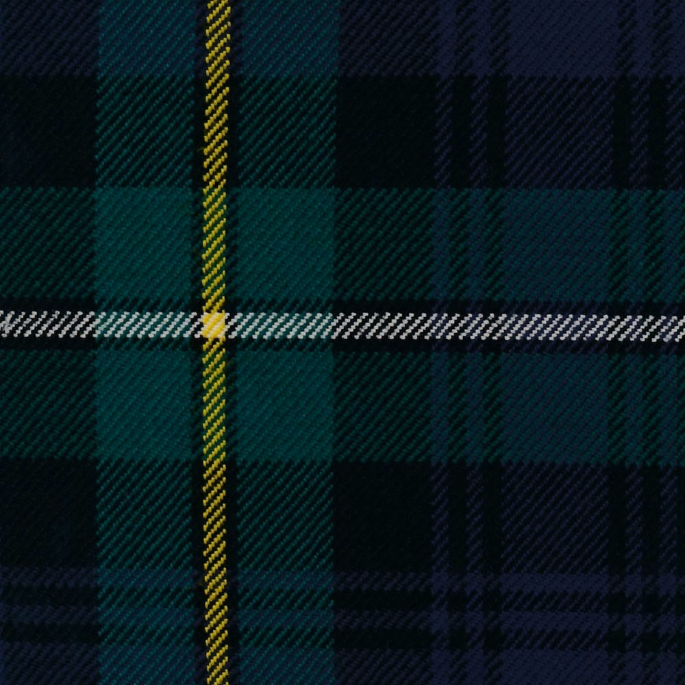 Deep teal, navy and black tartan with fine yellow and pale grey crossing stripes