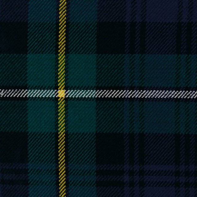 Deep teal, navy and black tartan with fine yellow and pale grey crossing stripes