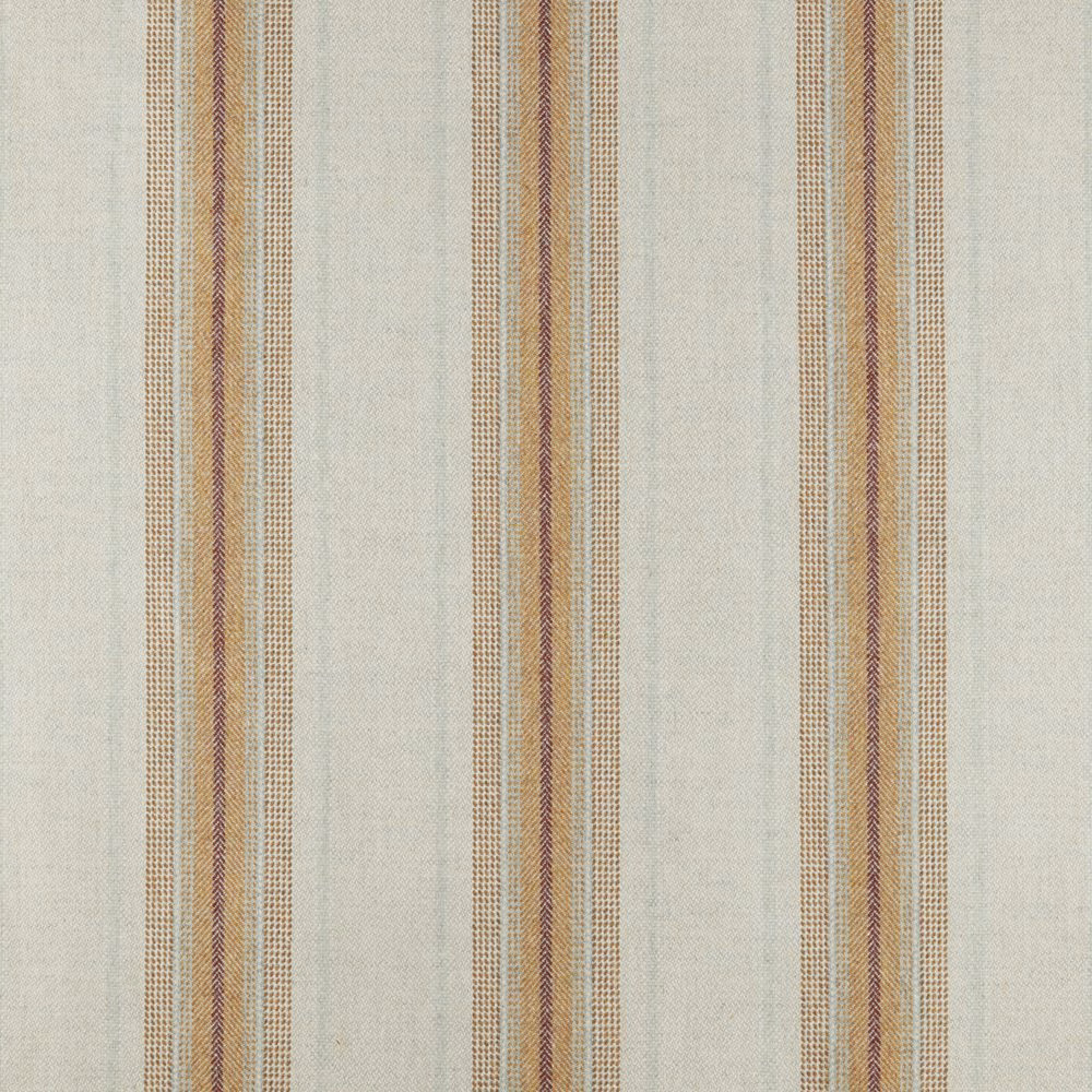 Pale blue-grey woven fabric with narrow amber, taupe and mauve vertical stripes