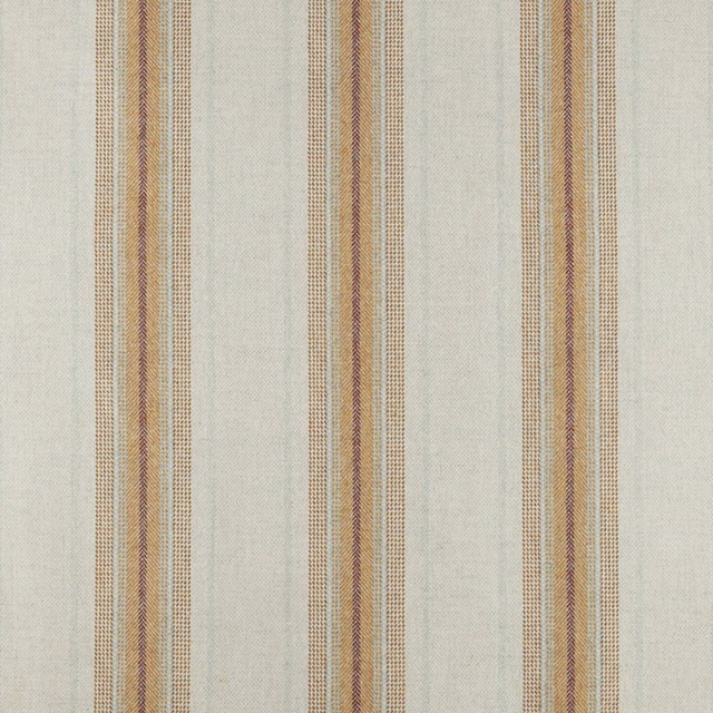 Pale blue-grey woven fabric with narrow amber, taupe and mauve vertical stripes