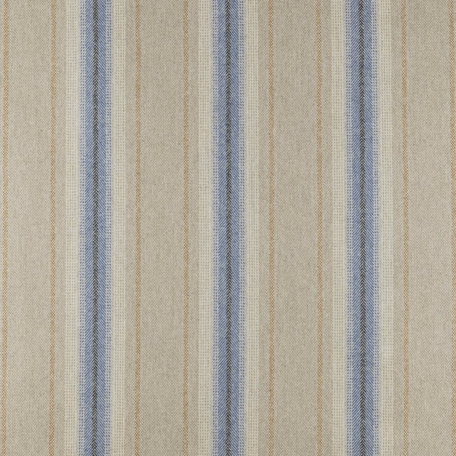 Stone-beige woven fabric with blue-grey vertical bands and fine tan stripes