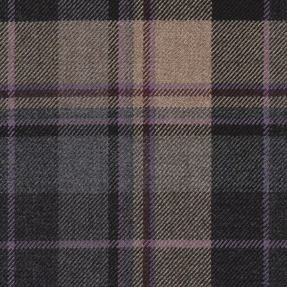 Charcoal and taupe checked twill with muted plum lines in close-up
