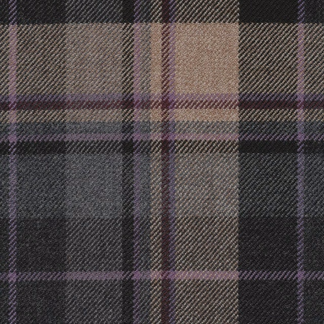 Charcoal and taupe checked twill with muted plum lines in close-up