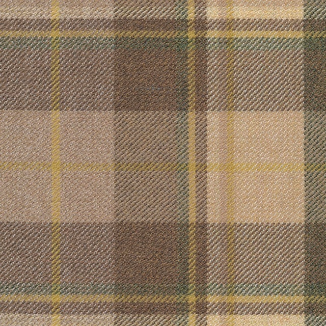 Muted olive, taupe and cream plaid with mustard lines and fine diagonal weave