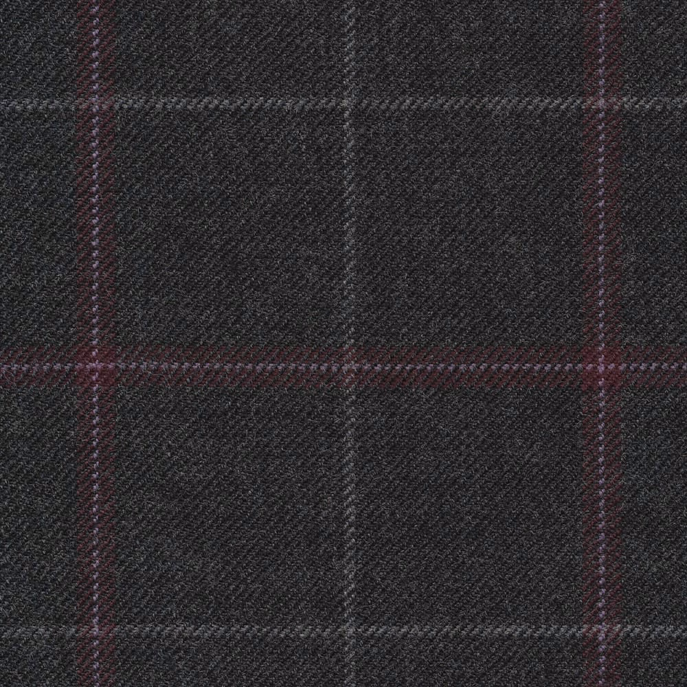 Deep charcoal herringbone check with subtle burgundy lines and textured weave