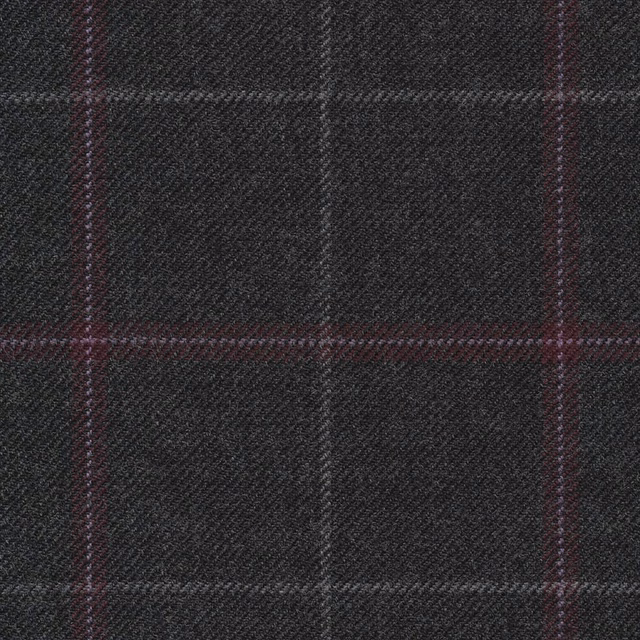 Deep charcoal herringbone check with subtle burgundy lines and textured weave