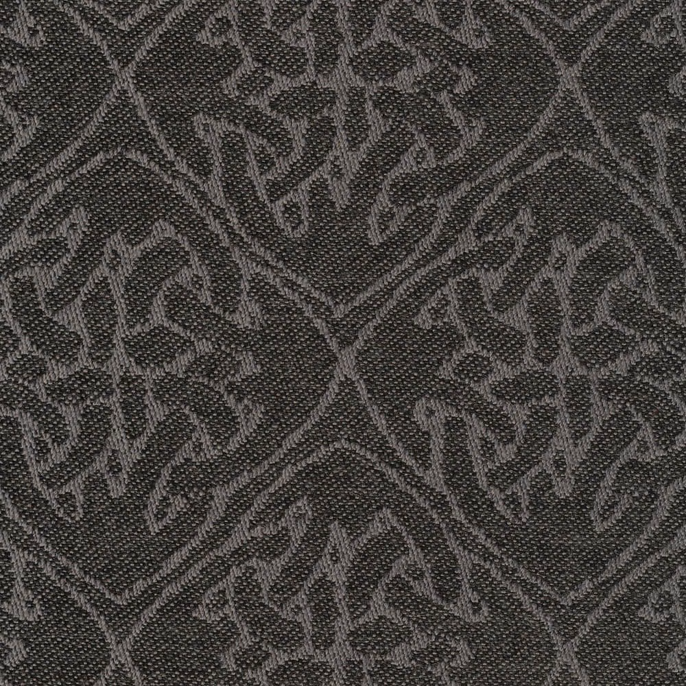 Charcoal woven fabric with pale grey branching leaf motifs and a fine textured ground