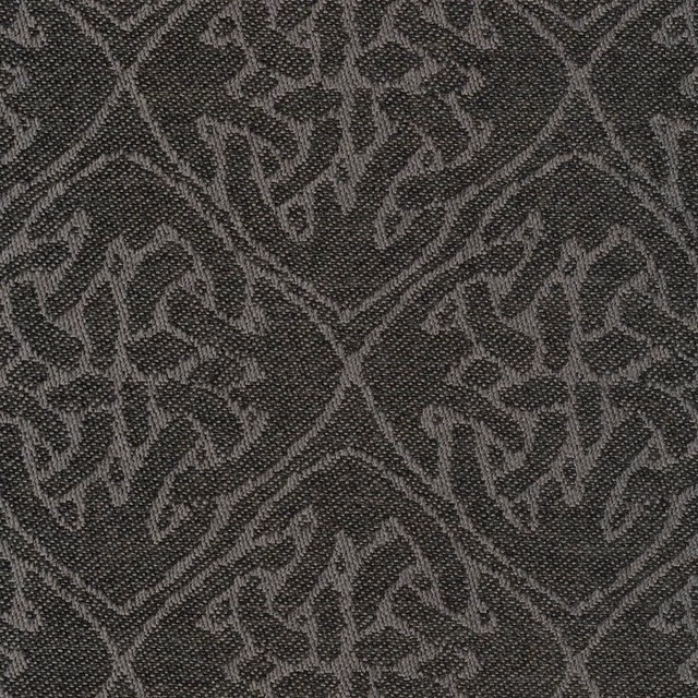 Charcoal woven fabric with pale grey branching leaf motifs and a fine textured ground