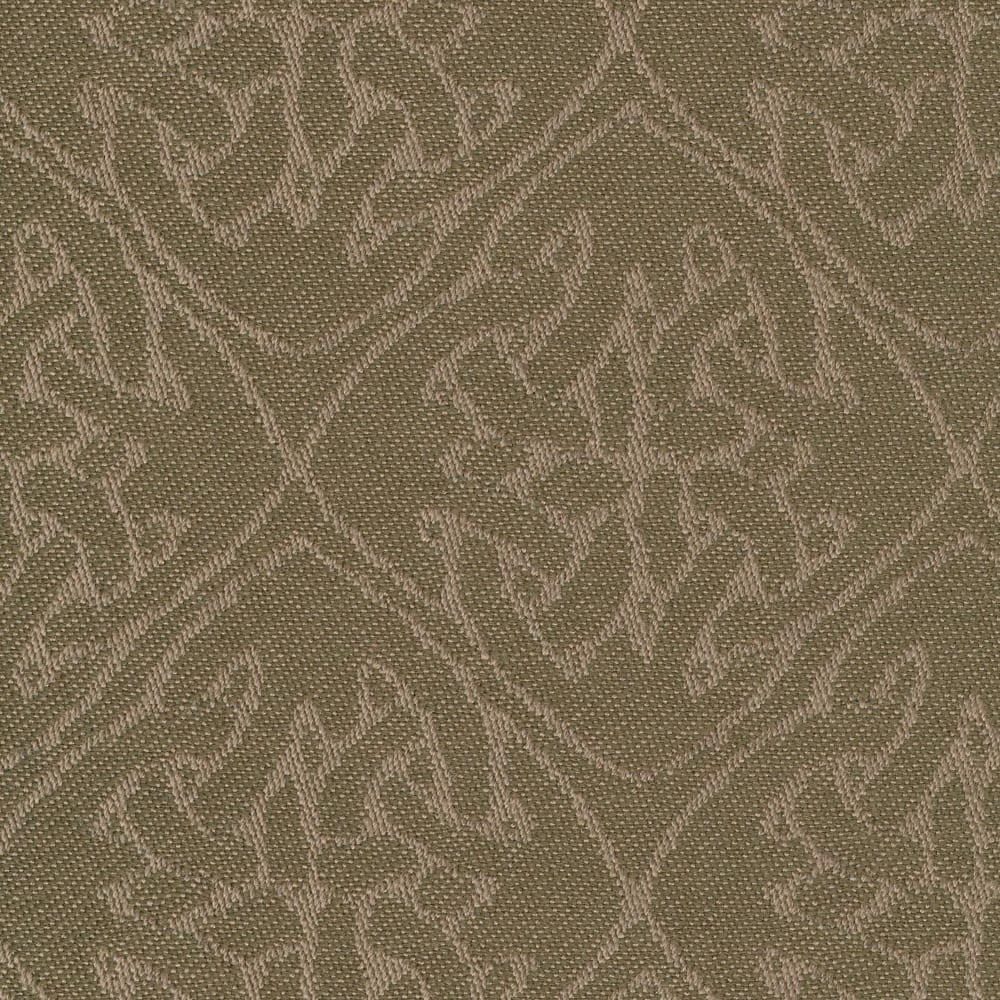 Muted tarragon olive woven fabric with pale scrolling abstract botanical motif