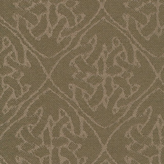 Muted tarragon olive woven fabric with pale scrolling abstract botanical motif