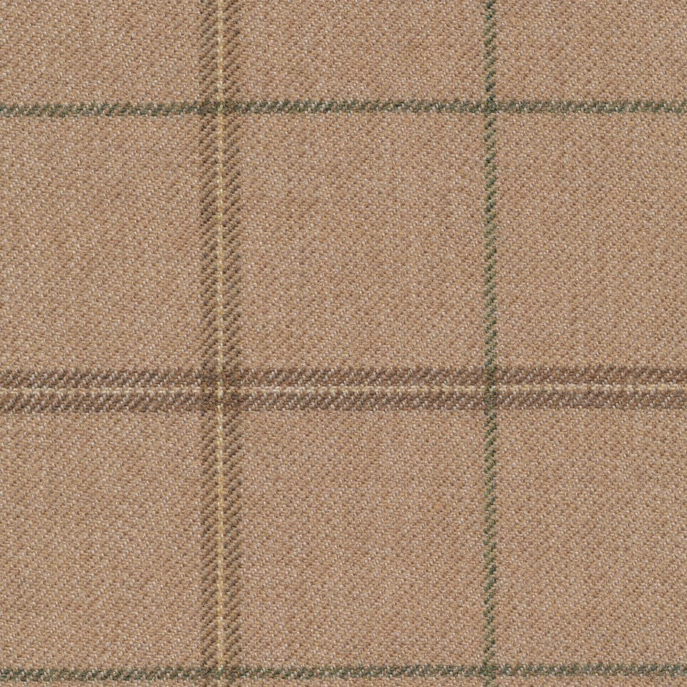 Warm tan woven check with olive-green and brown lines, close-up texture