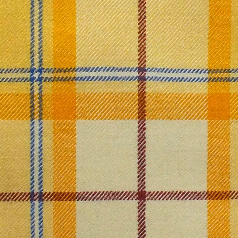 Gold and cream plaid with blue and burgundy lines in a textured weave