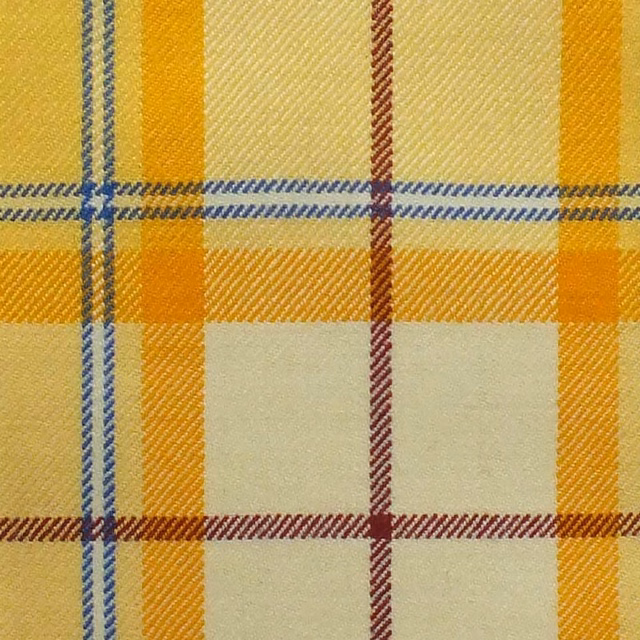 Gold and cream plaid with blue and burgundy lines in a textured weave