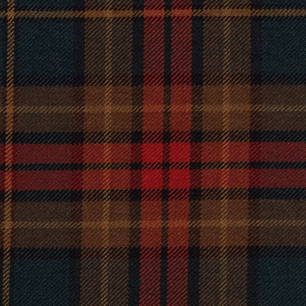 Deep teal, brown, red and black medium-scale tartan with visible diagonal weave