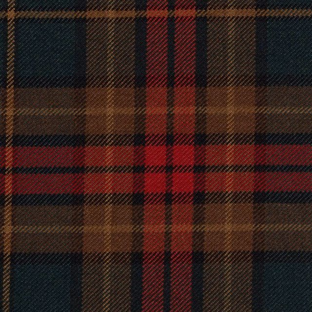 Deep teal, brown, red and black medium-scale tartan with visible diagonal weave