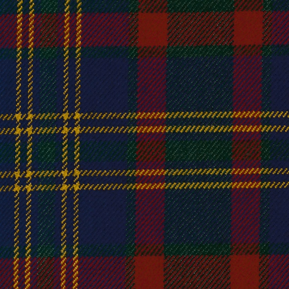 Close-up of navy, forest green and burgundy tartan with mustard-yellow lines
