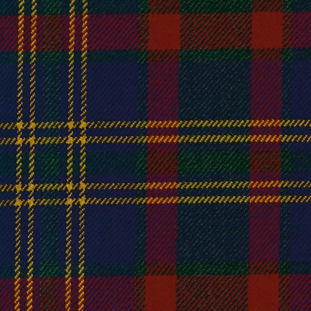 Close-up of navy, forest green and burgundy tartan with mustard-yellow lines