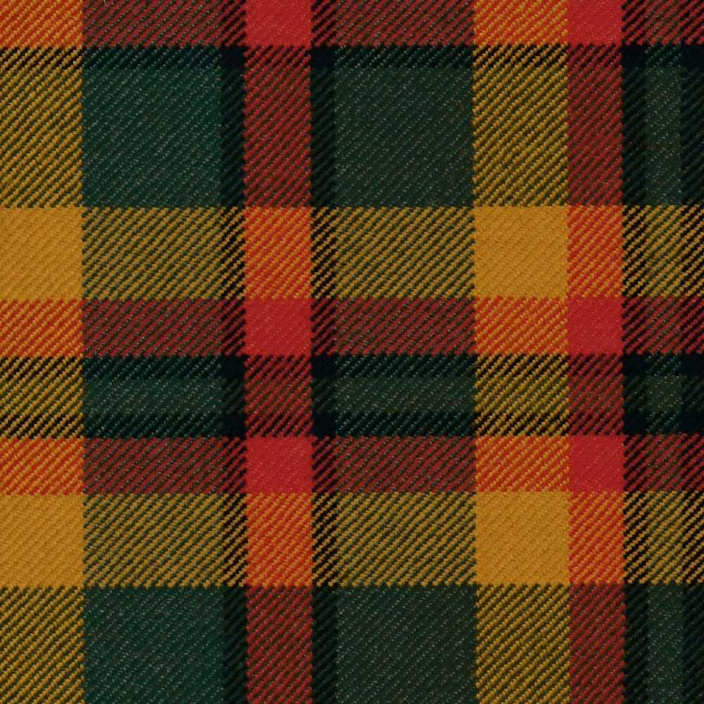 Deep green, red and mustard tartan with a visible diagonal woven texture