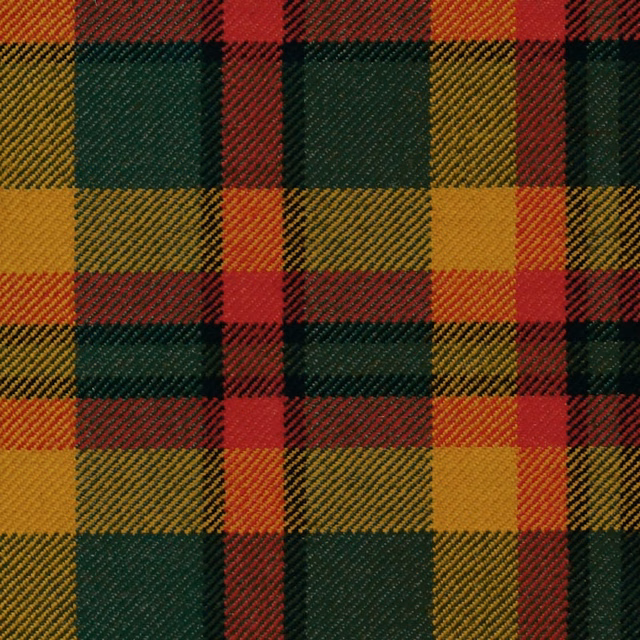 Deep green, red and mustard tartan with a visible diagonal woven texture