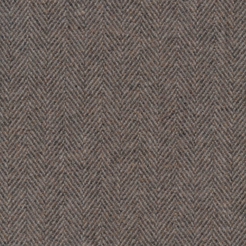 Close-up of taupe-grey woven herringbone textile with subtly flecked, tactile surface