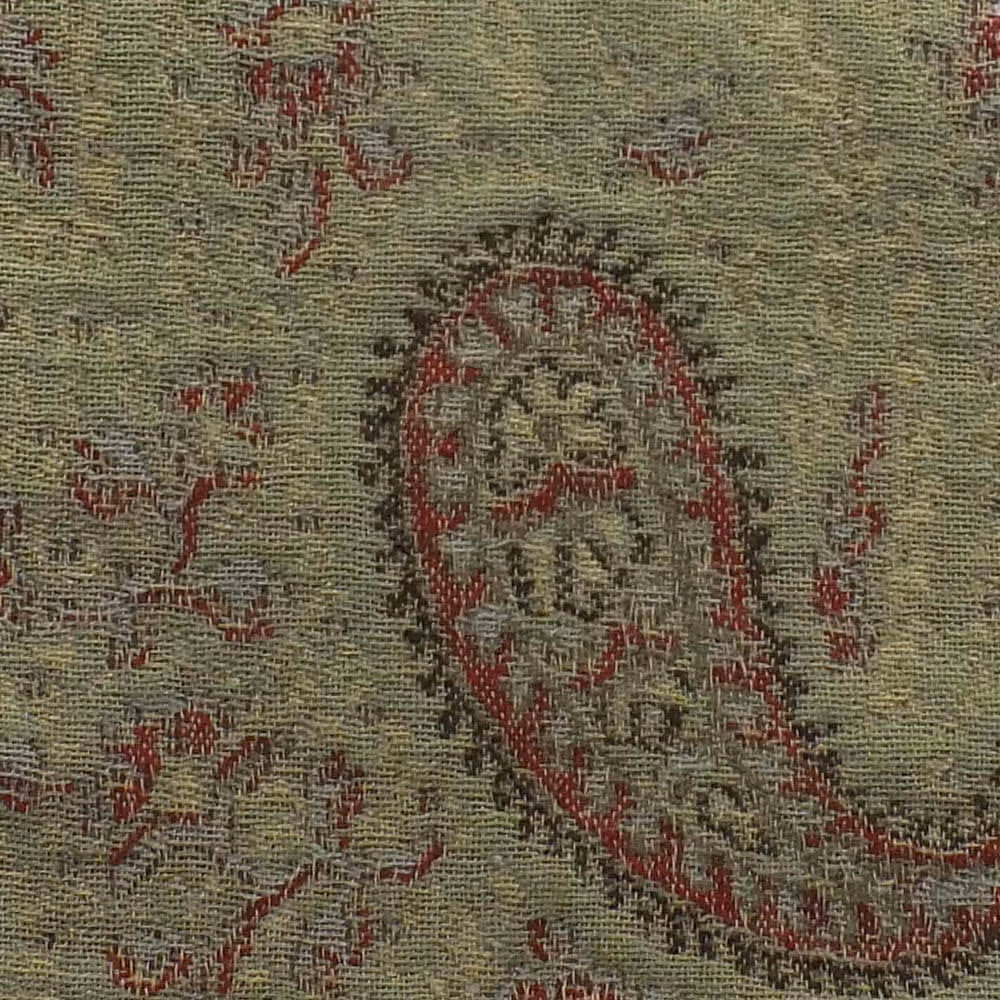 Textured olive woven fabric with crimson paisley, charcoal outlines and natural flecks