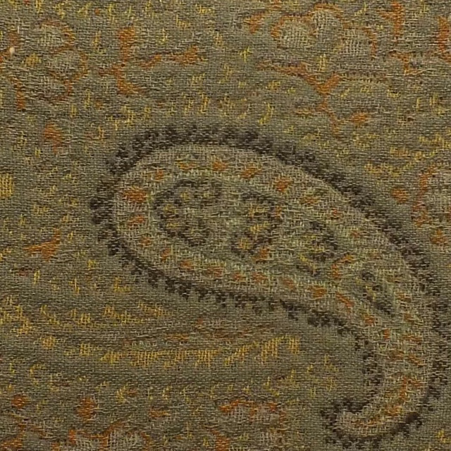 Muted olive woven paisley with rust and mustard flecks, close-up swatch