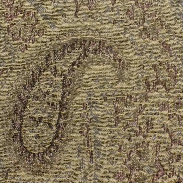 Moss olive paisley with plum accents in a close, textured woven fabric