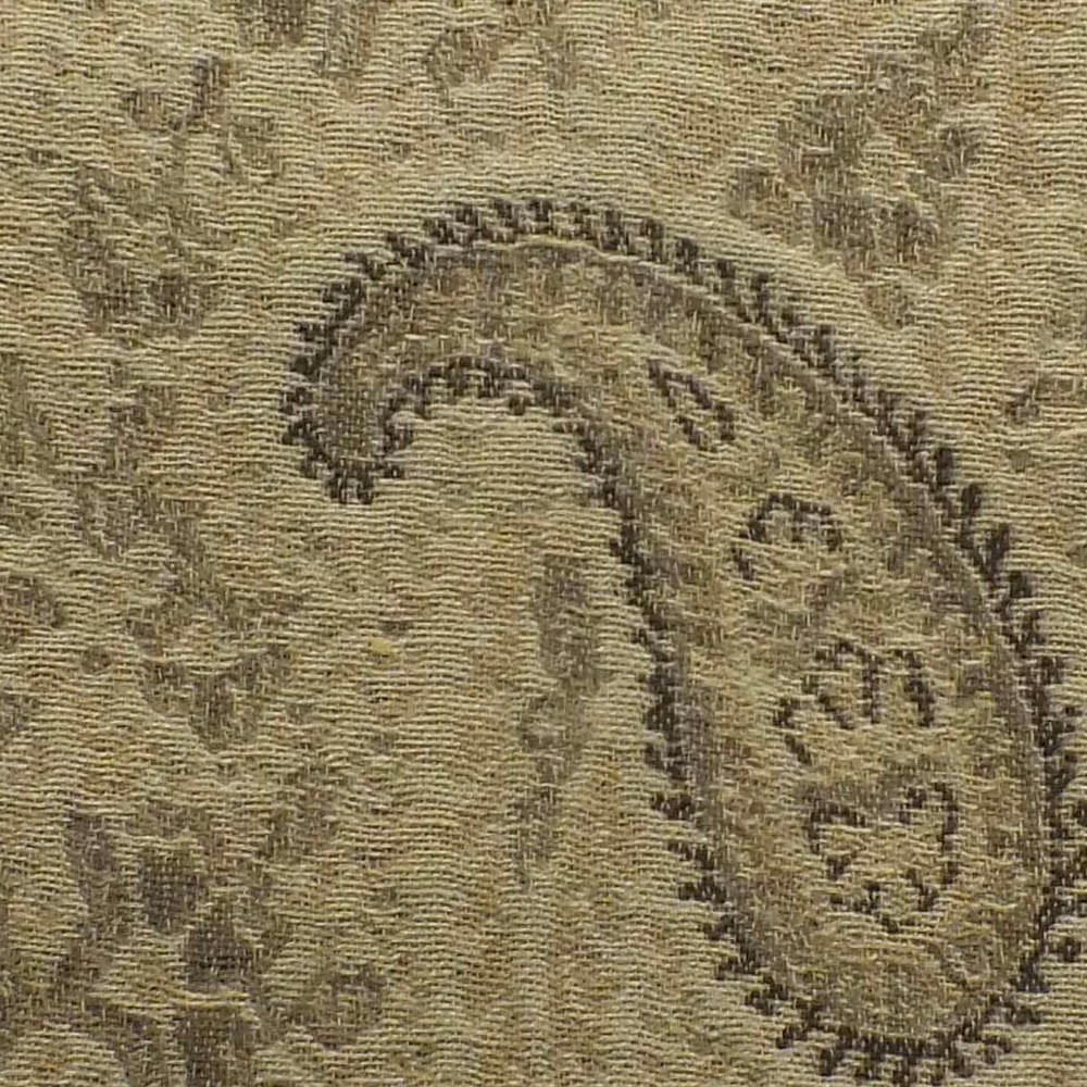 Close-up of stone taupe woven fabric with charcoal paisley and raised texture