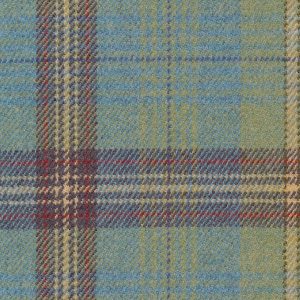 Muted blue-green plaid with burgundy bands and nubby woven texture