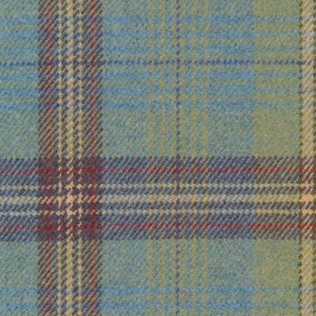 Muted blue-green plaid with burgundy bands and nubby woven texture