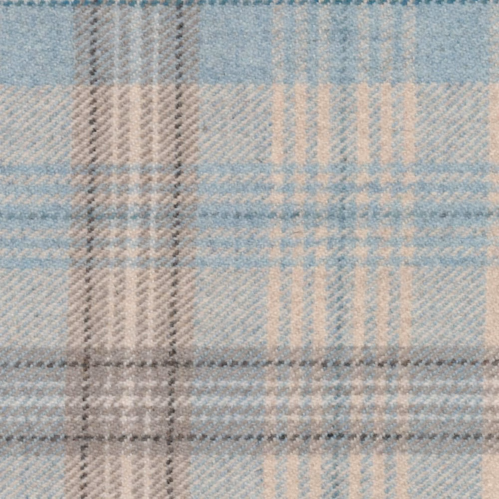 Close-up of opal blue plaid with misty grey, ivory and blush bands