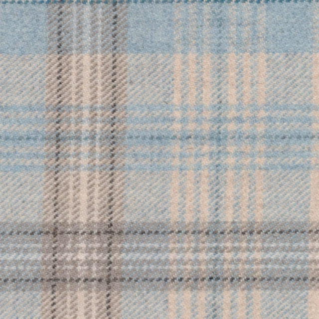 Close-up of opal blue plaid with misty grey, ivory and blush bands