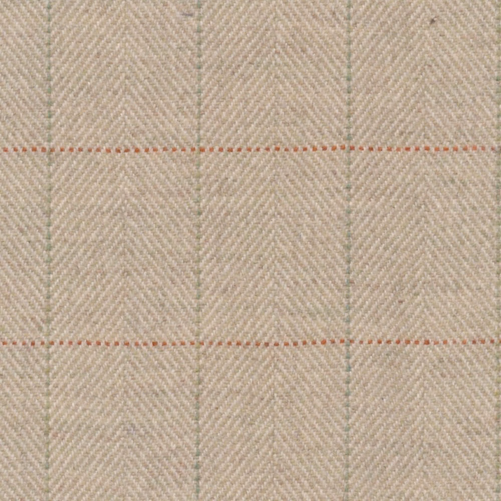 Warm beige herringbone weave with terracotta and sage windowpane lines