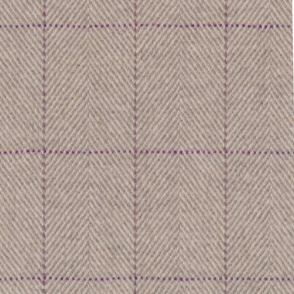 Taupe herringbone fabric with muted plum-purple check lines and softly textured weave